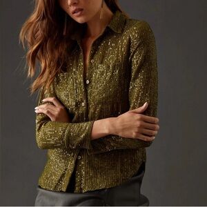 NEW Anthropologie The Remie Sequin Buttondown Blouse Olive Green - Medium $160